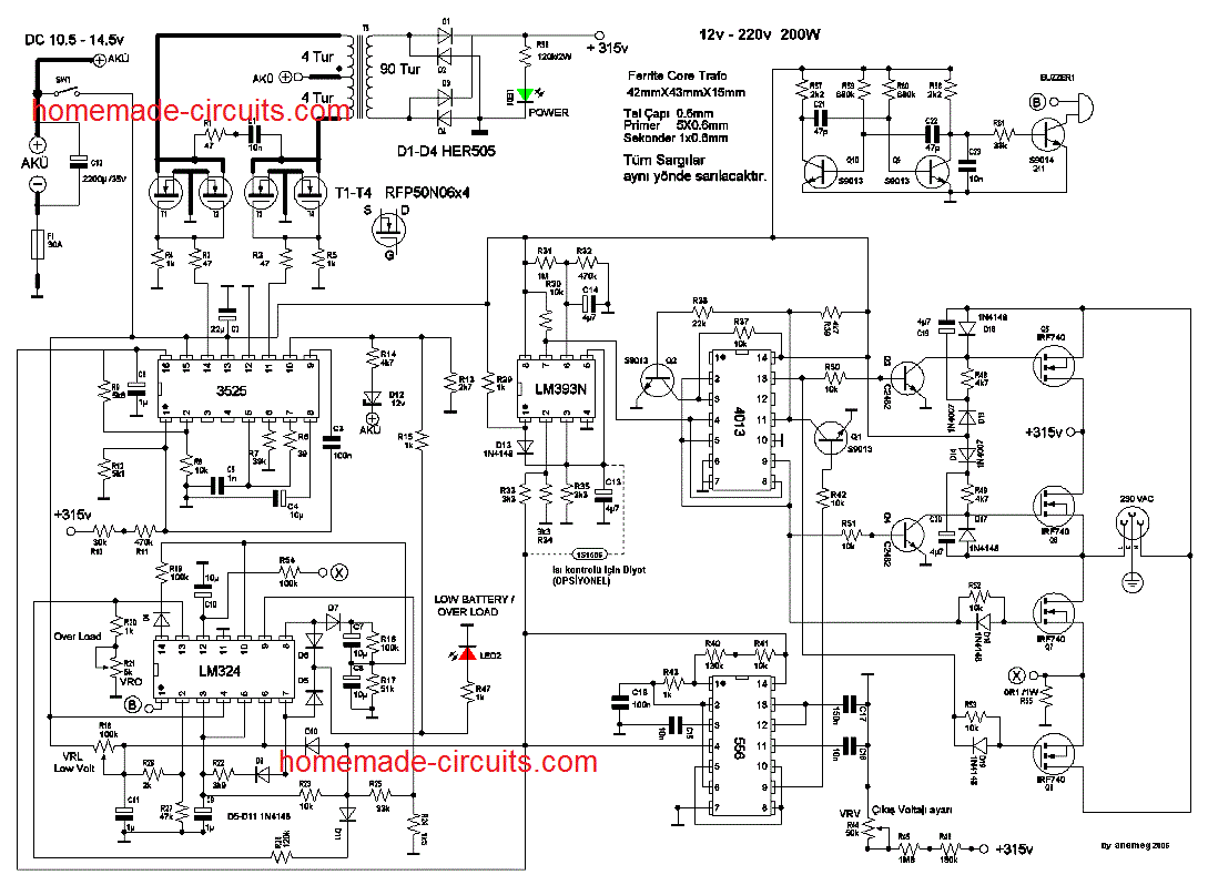 transformerless ferrite core inverter circuit with low battery cut off, automatic feedback control