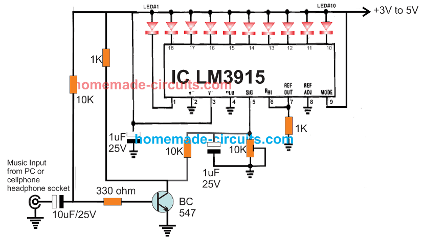 10 LED VU Meter Circuit