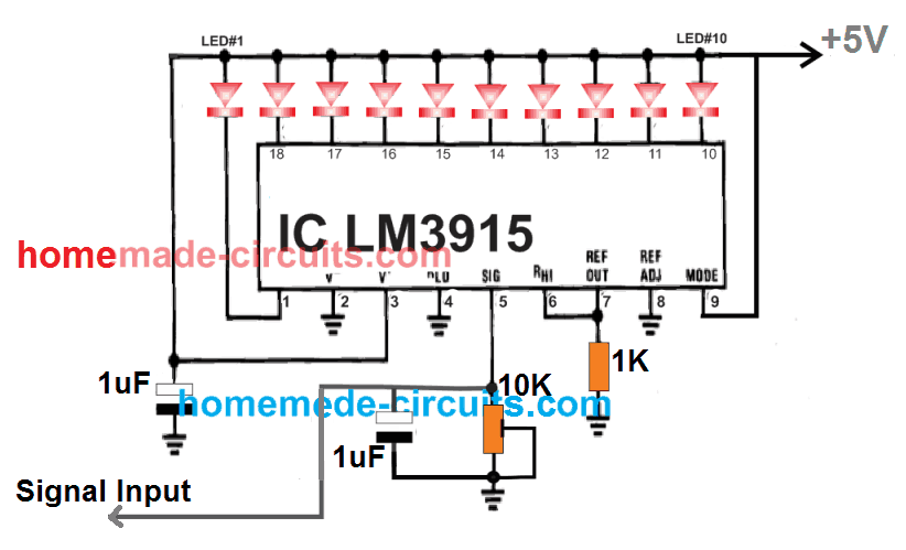 basic LM3915 LED meter circuit
