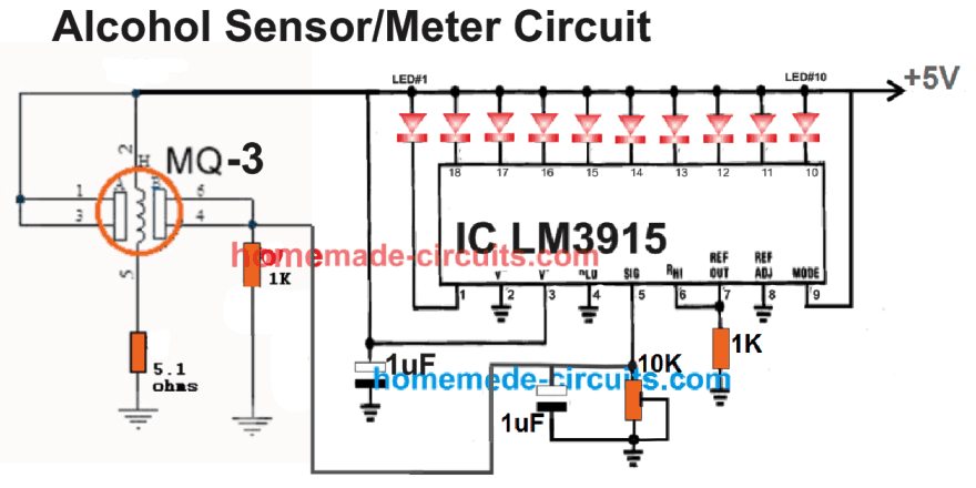 full circuit diagram of MQ-3 alcohol breathalyzer meter sensor using LEDs