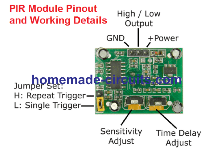 PIR module trigger modes, + supply, out, ground pinouts explained