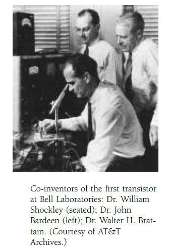 Co-inventors of the first transistor at Bell Laboratories: Dr. William Shockley (seated); Dr. John Bardeen (left); Dr. Walter H. Brattain. (Courtesy of AT&T Archives.)