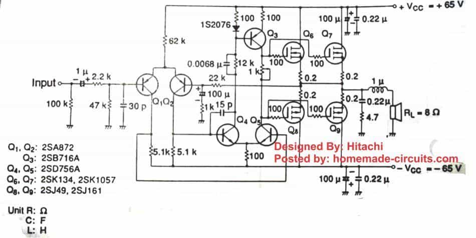 100 watt MOSFET amplifier circuit with quiescent current setting