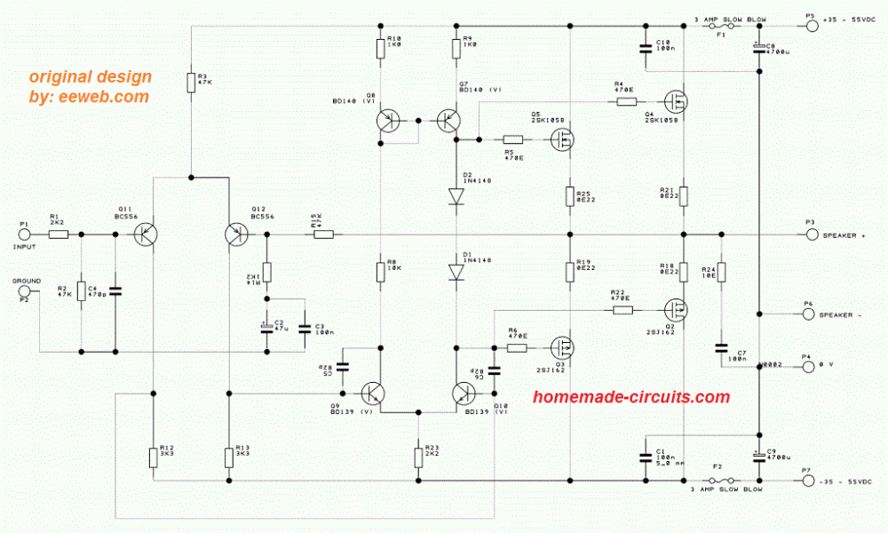 100 watt MOSFET amplifier circuit using 2SK1058, 2SJ162 MOSFETs
