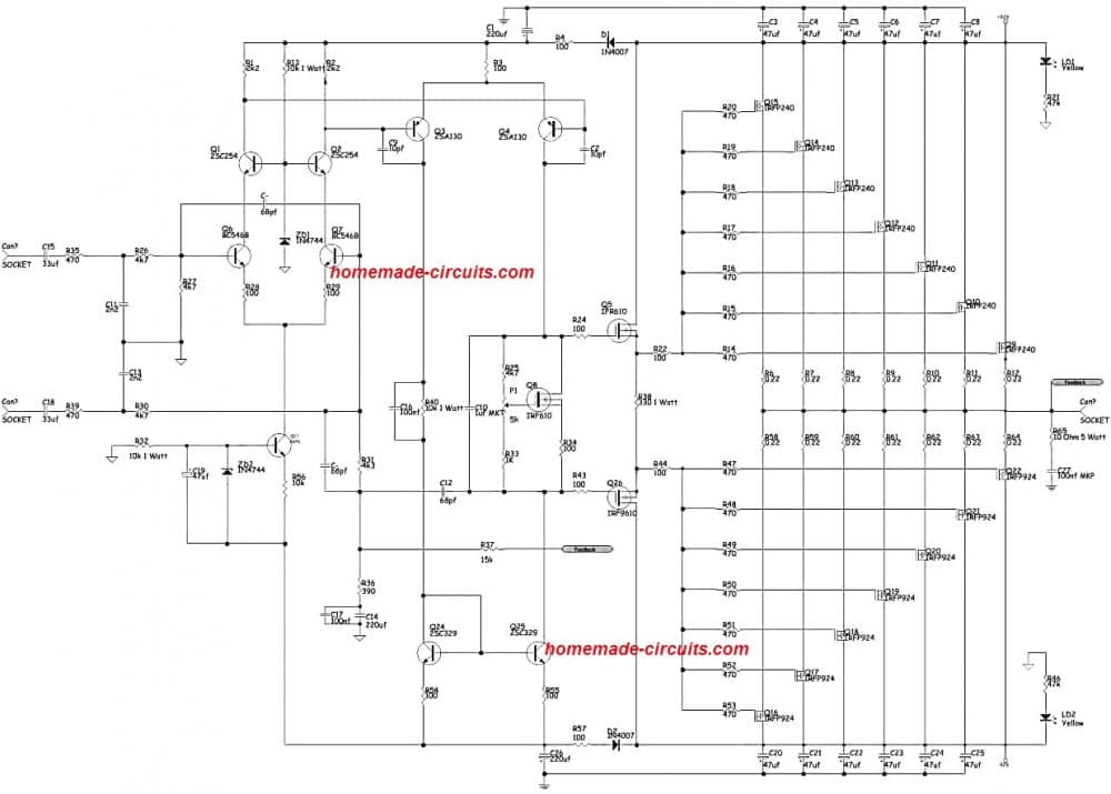 1000 to 2000 watt amplifier circuit