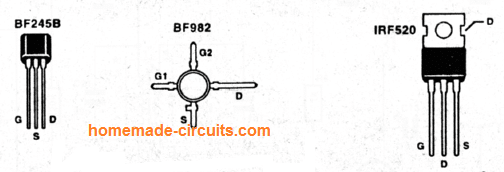 BF982, BF245, IRF520 pin details