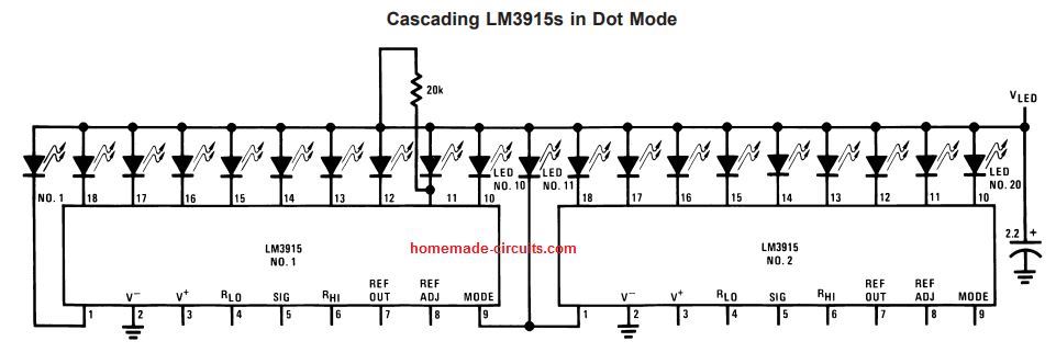 Circuitos integrados LM3915 en cascada en el modo DOT