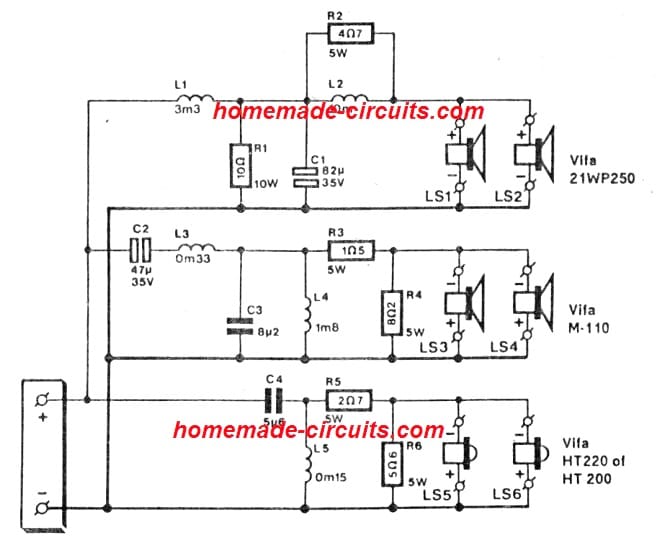 crossover network circuit for open baffle loudspeaker box circuit