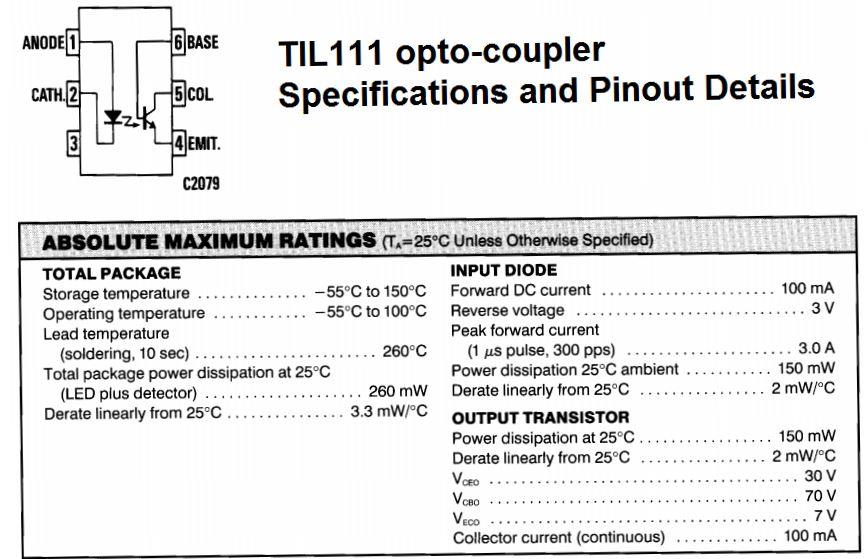 TIL111 opto-coupler Pinout Details