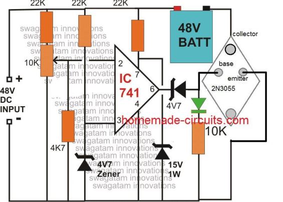 12V to 48V Battery Charger circuit diagram using 2N3055