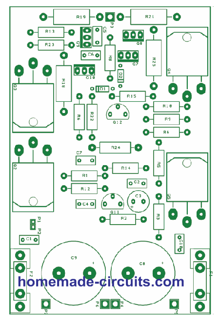 100 watt MOSFET amplifier PCB component layout