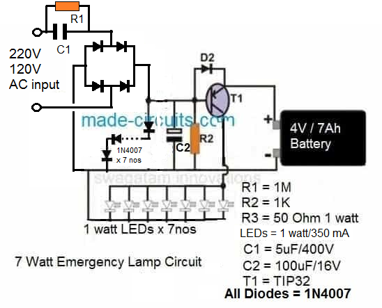 transformerless compact 5 watt emergency lamp circuit diagram surge protected