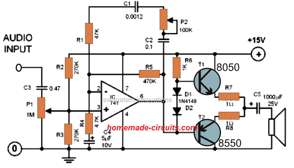 simple 2 watt Amplifier Circuit diagram using IC 741