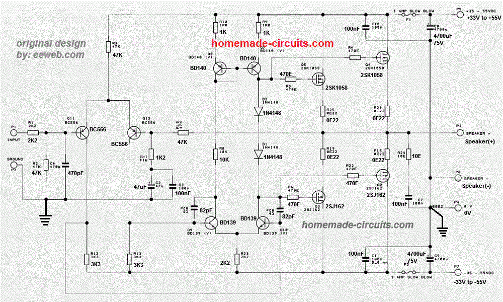 DIY 100 Watt MOSFET Amplifier Circuit | Homemade Circuit ...