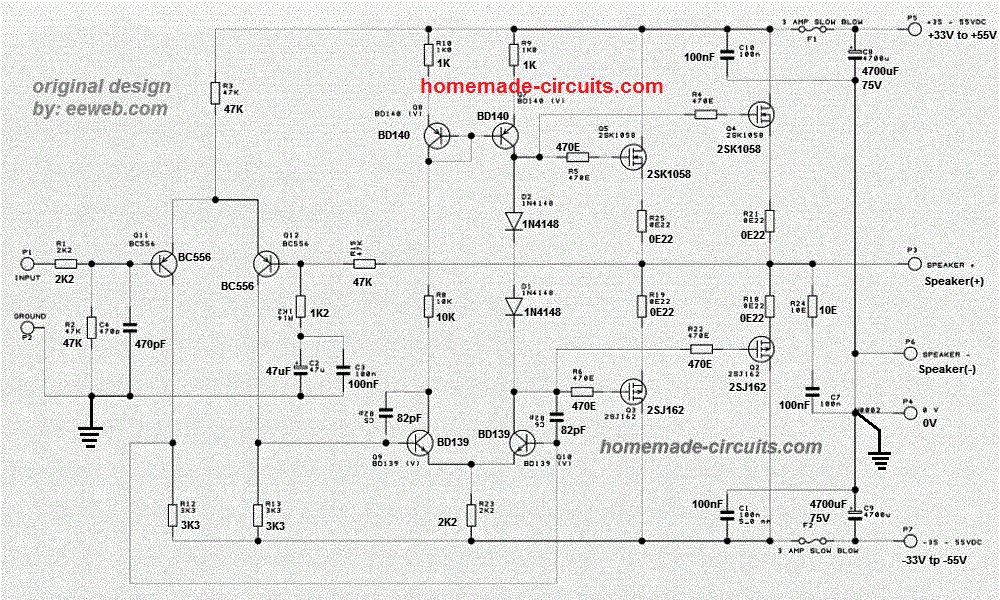 Diy 100 Watt Mosfet Amplifier Circuit Homemade Circuit Projects