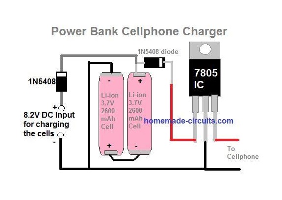 simple power bank for charging smart phones using two 3.7V cells in series