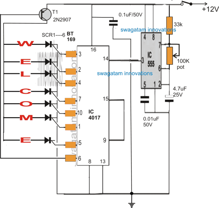 "WELCOME" Chasing LED Display Circuit