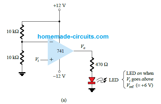 IC 741 comparator for operating an LED