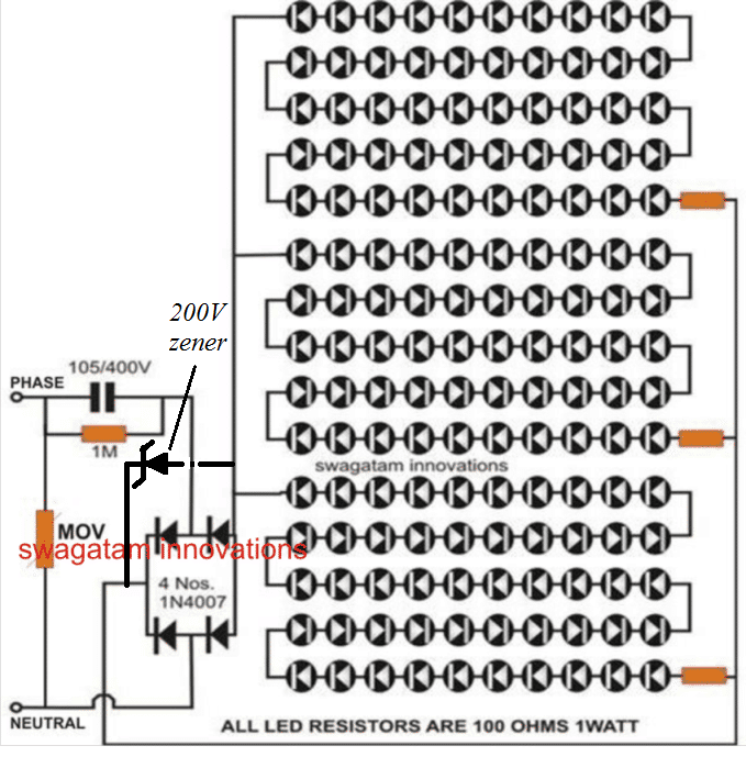zener diode controlled 220 V 120 V LED tube light circuit diagram