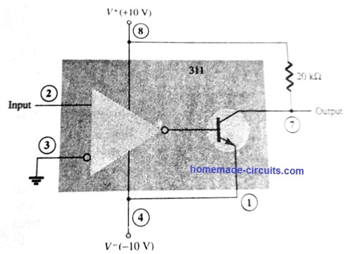 LM311 internal layout with output connected with pull up resistor