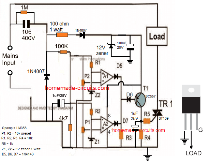 two op amp and triac controlled over voltage and under voltage cut off circuit schematic 
