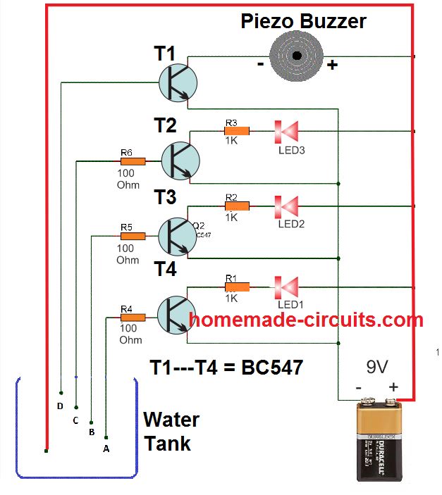 transistorized water level indicator circuit using BC547 and LEDs