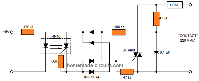 SSR circuit schematic using SCR opto-coupler 4N40