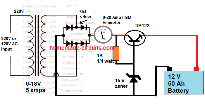 simple voltage controlled battery charger circuit diagram using BJT emitter follower configuration