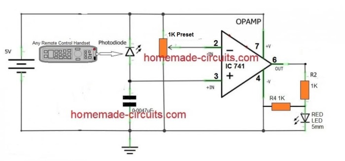 IC 741 IR remote tester circuit