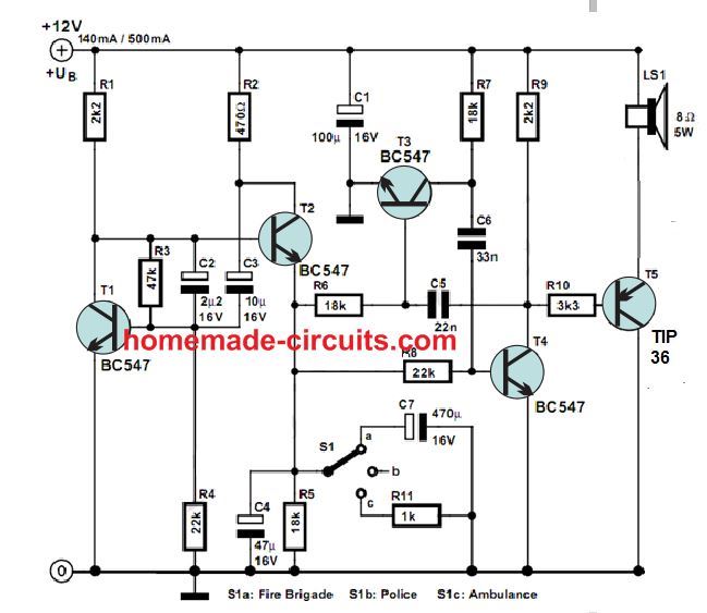 3-in-1 siren circuit, police, ambulance, fire brigade siren tone