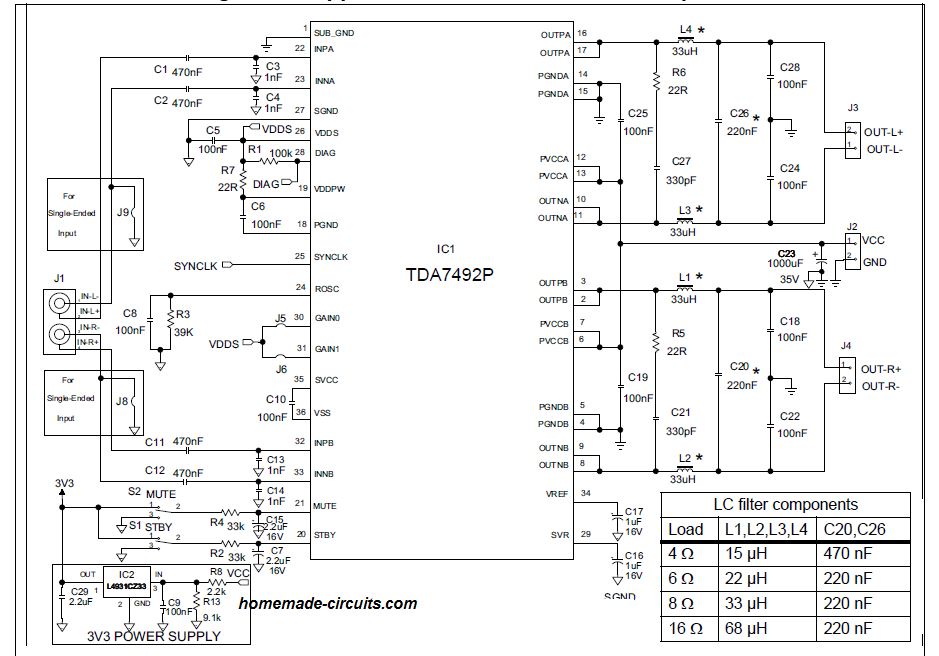 stereo 50 + 50 watt amplifier class D BTL using IC TDA7492