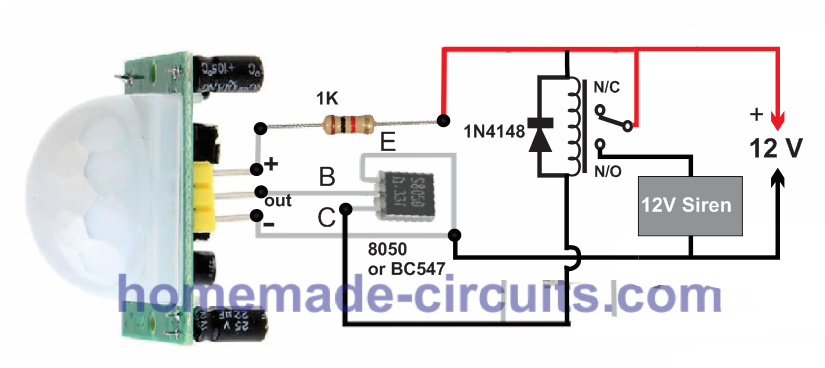 PIR motion sensor security burglar alarm circuit