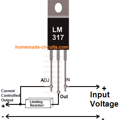 current limiter circuit diagram using LM317 IC, pictorial
