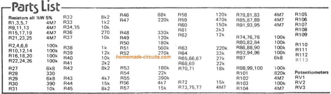 Parts List for electronic organ circuit