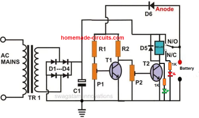 auto adjusting battery charger circuit diagram with LED indicators