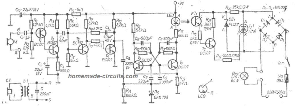 automatic 220V clap switch circuit with BJTs