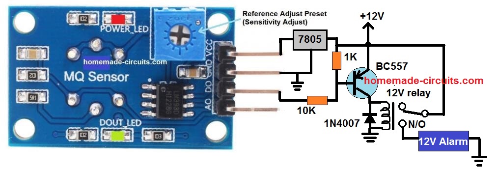 Smoke, Gas sensor alarm circuit, connection details of MQ-135 gas sensor with a relay