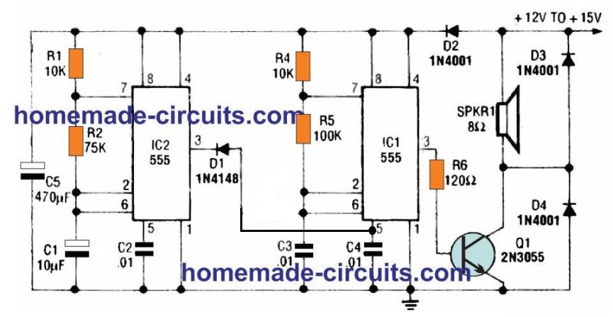 two tone pulsed alarm using IC 555