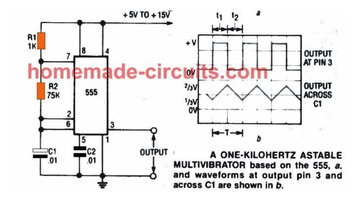 1 khz oscillator circuit using IC 555