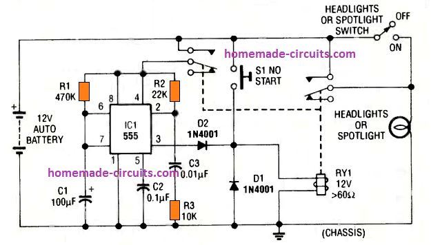 manually activated car headlight timer circuit using IC 555