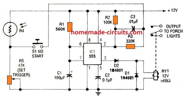 simple night time porch light with automatic switch OFF after a preset delay.