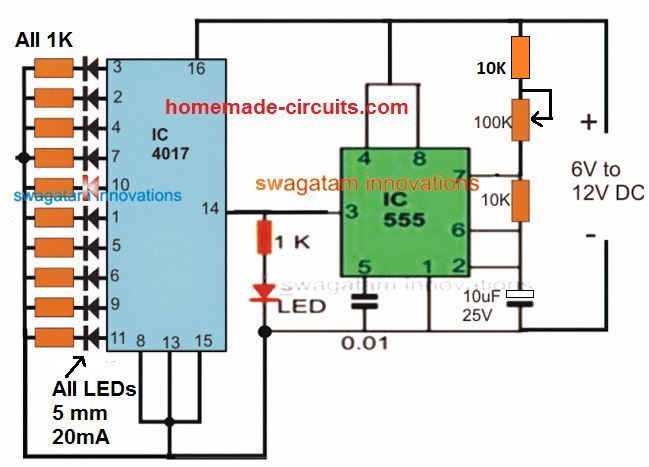 simple 10 LED chaser using IC 4017 and IC 555