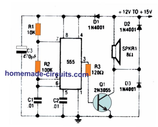 powerful monotone 800 Hz alarm circuit using the IC 555