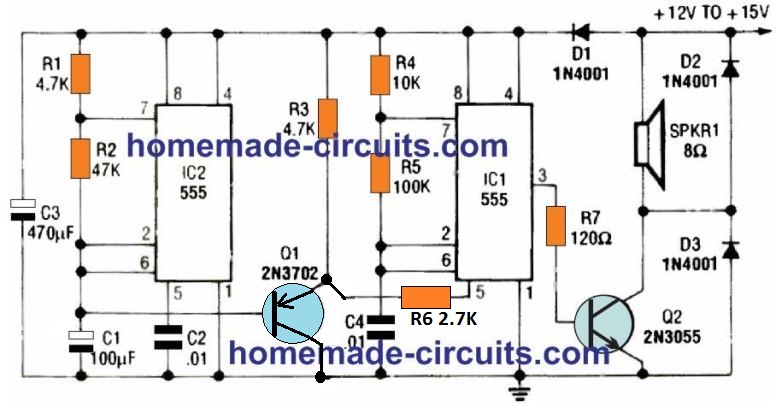 police siren sound effect using IC 555 circuit