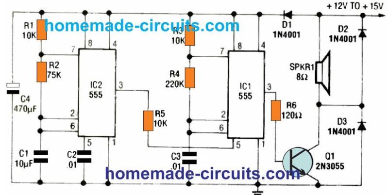 Warble alarm circuit using the IC 555 astable