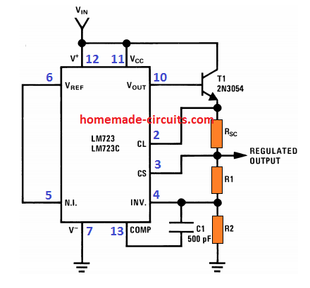 Basic IC 723 voltage regulator circuit with constant output voltage and constant output current