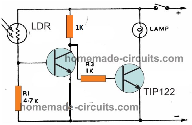 two transistor light activated lamp circuit