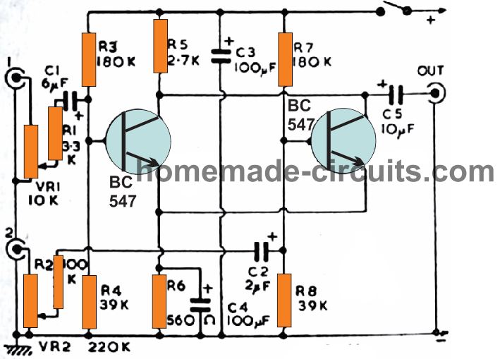 two transistor audio mixer circuit