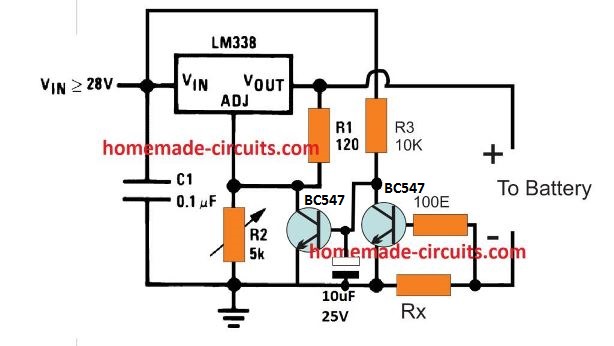 LM338 current detected battery charger circuit