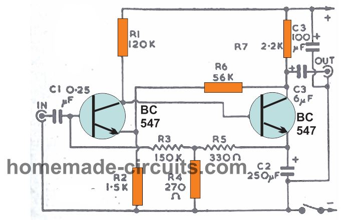 two transistor pre-amplifier circuit